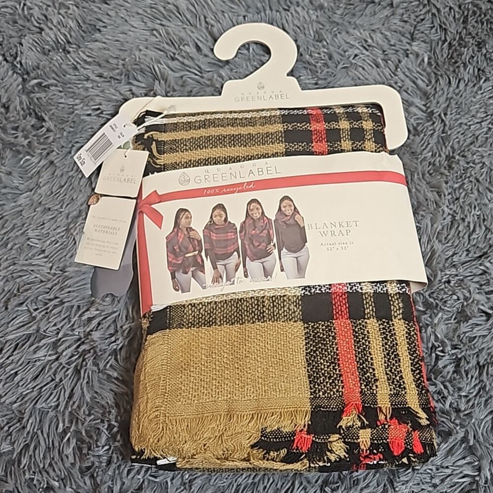 NWT Quagga Green Label Tan Plaid Blanket Wrap Scarf